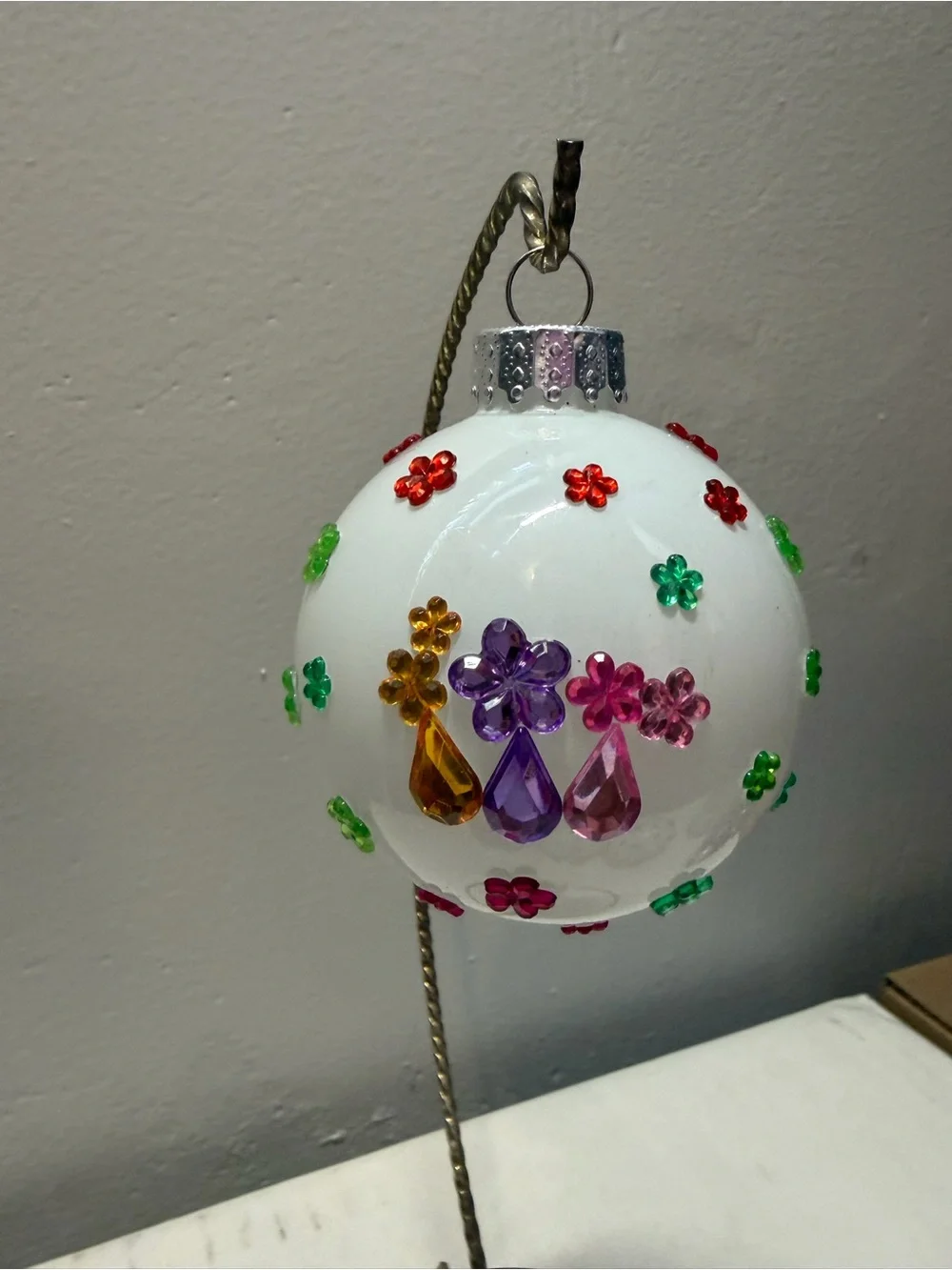 Lot of 6 Handmade Glass Christmas Ornaments Rhinestone Sticker Decor OOAK 3”